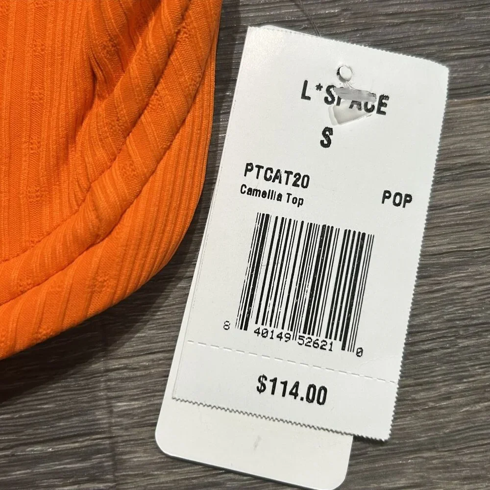 NWT L*Space Small Camellia Top Orange Poppy Tie Back Demi Cup Ribbed Swim